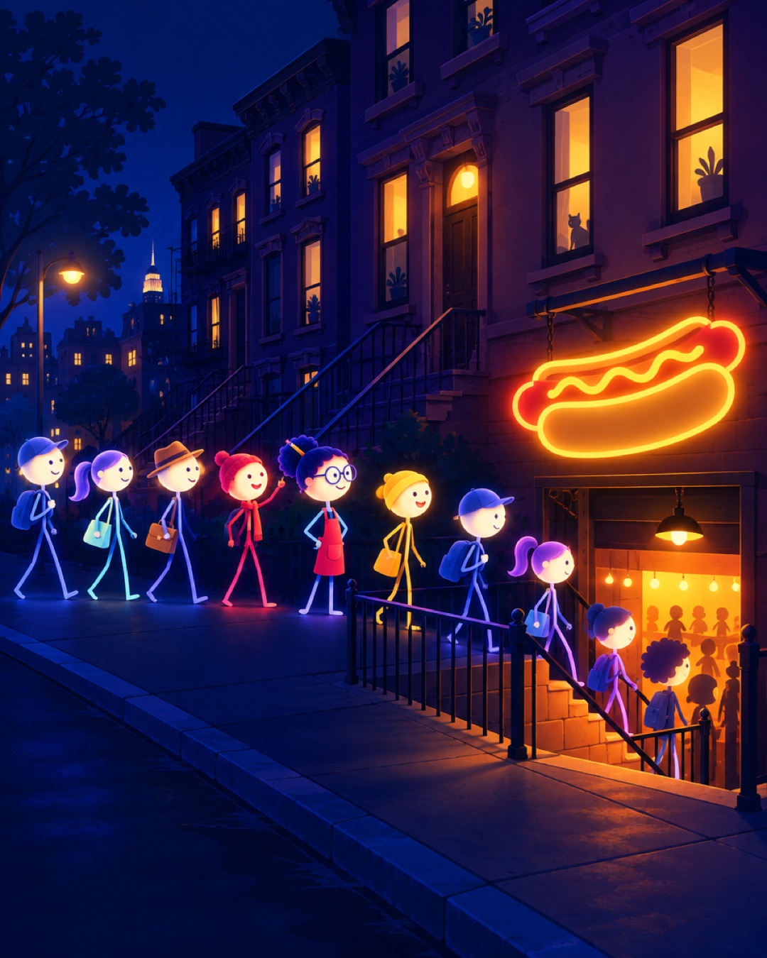 A line of people on a brownstone street, down the steps to a basement hot dog joint under a giant hot dog sign
